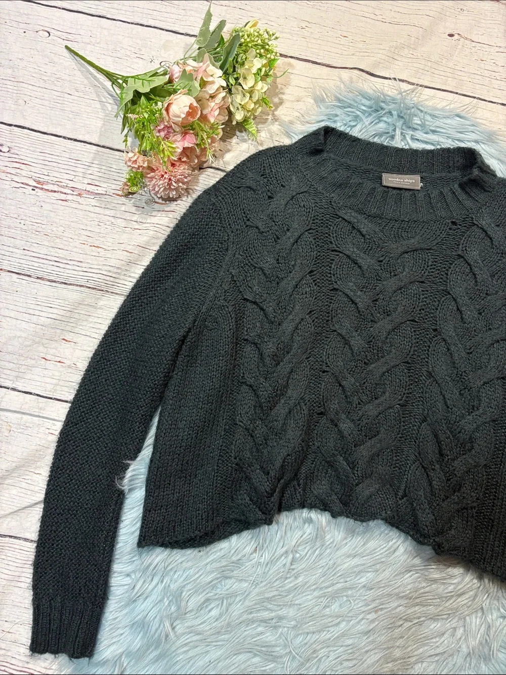 Wooden Ships Black Cropped Wide Cable Knit Mohair Wool Blend Sweater